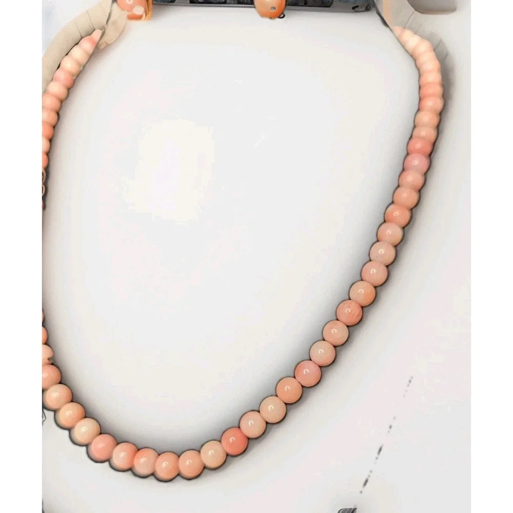 Vtg Sterling 925 Angel‎ Skin Pink Coral Beaded Necklace, Charm, Earrings 3pc Set